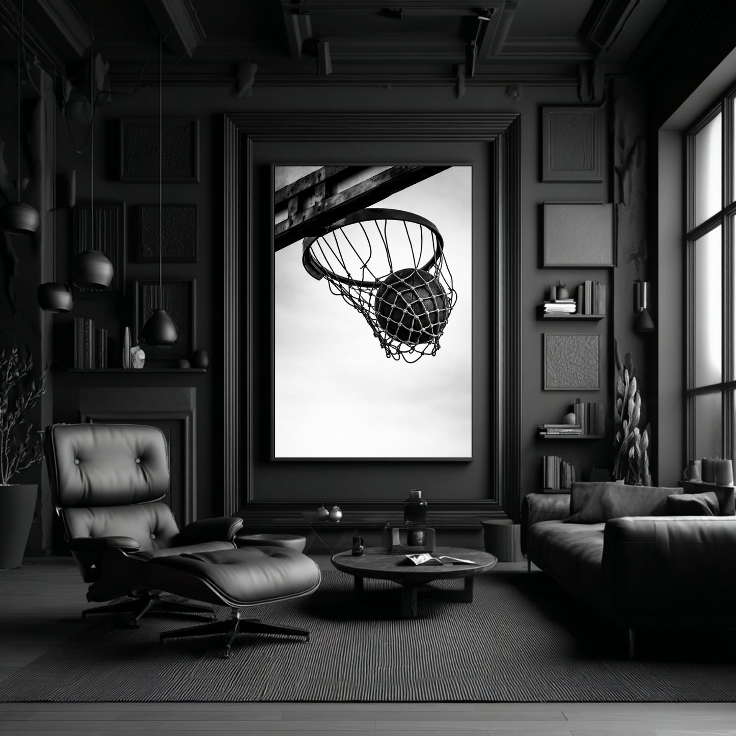 Large black and white basketball hoop wall art above modern dark living room setup, minimalist sports photography canvas print with suspended ball