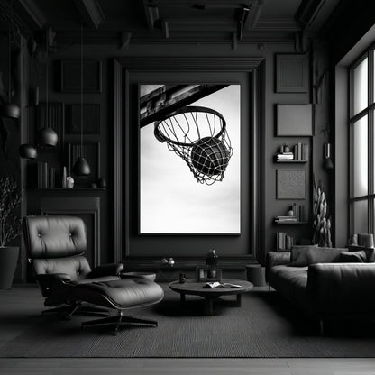 Large black and white basketball hoop wall art above modern dark living room setup, minimalist sports photography canvas print with suspended ball
