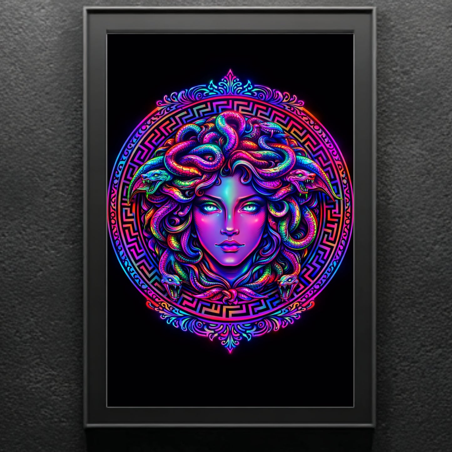 Modern Medusa surreal snake portrait in black frame against textured charcoal gray wall