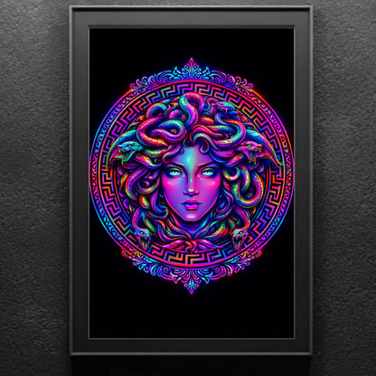 Modern Medusa surreal snake portrait in black frame against textured charcoal gray wall