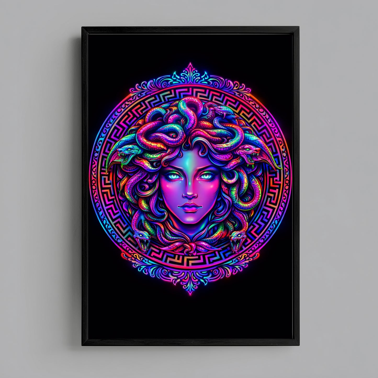 Modern Medusa neon surreal snake portrait in black frame on neutral wall background