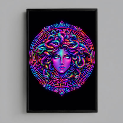 Modern Medusa neon surreal snake portrait in black frame on neutral wall background