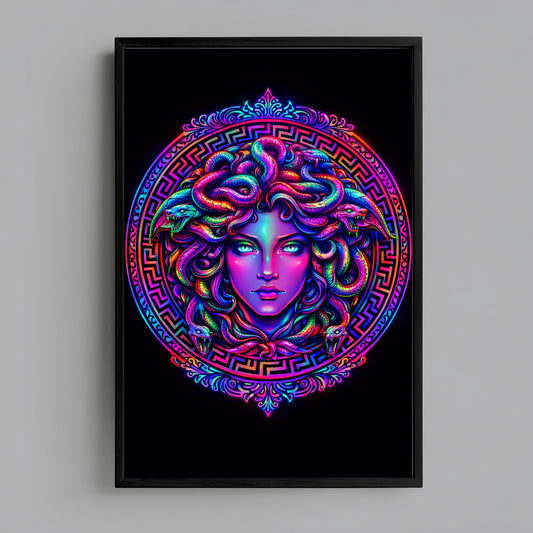 Modern Medusa neon surreal snake portrait in black frame on neutral wall background
