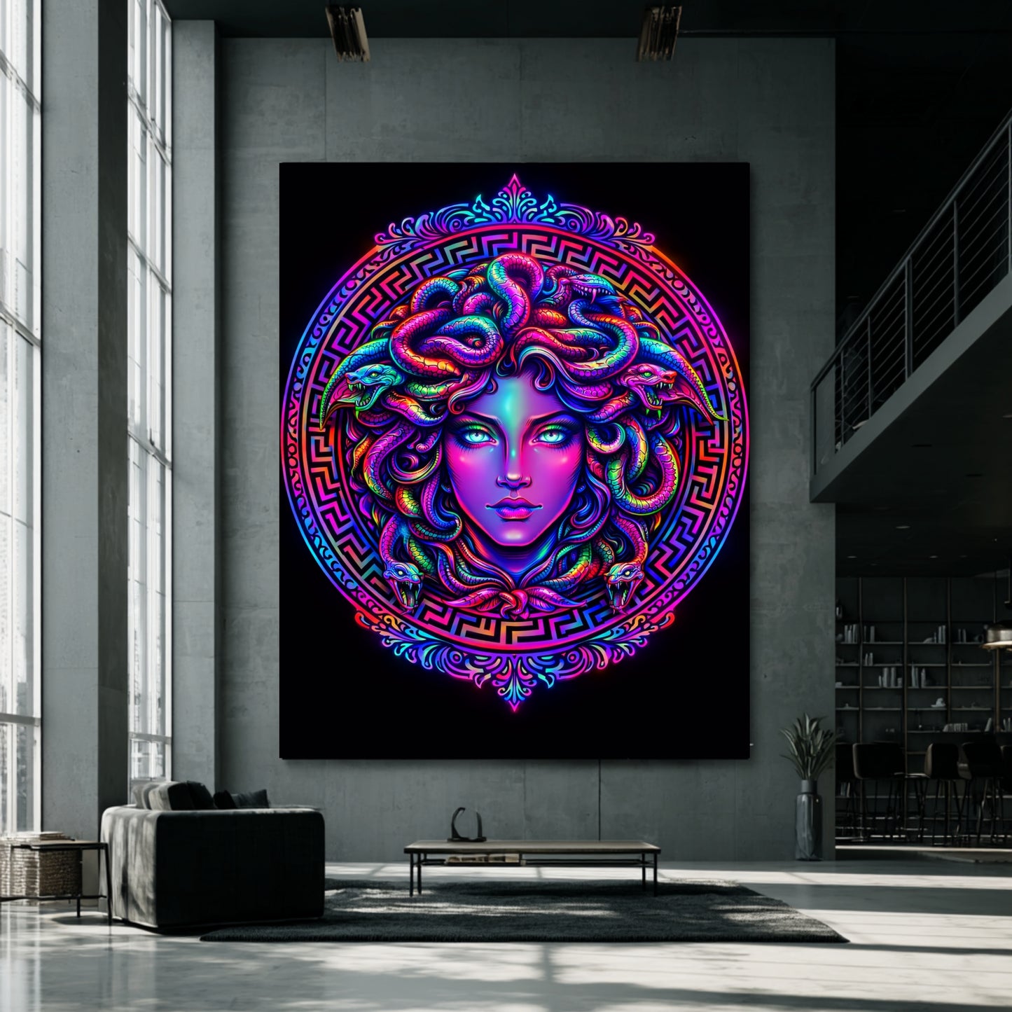 Oversized modern Medusa wall art mounted on tall concrete wall in contemporary industrial interior
