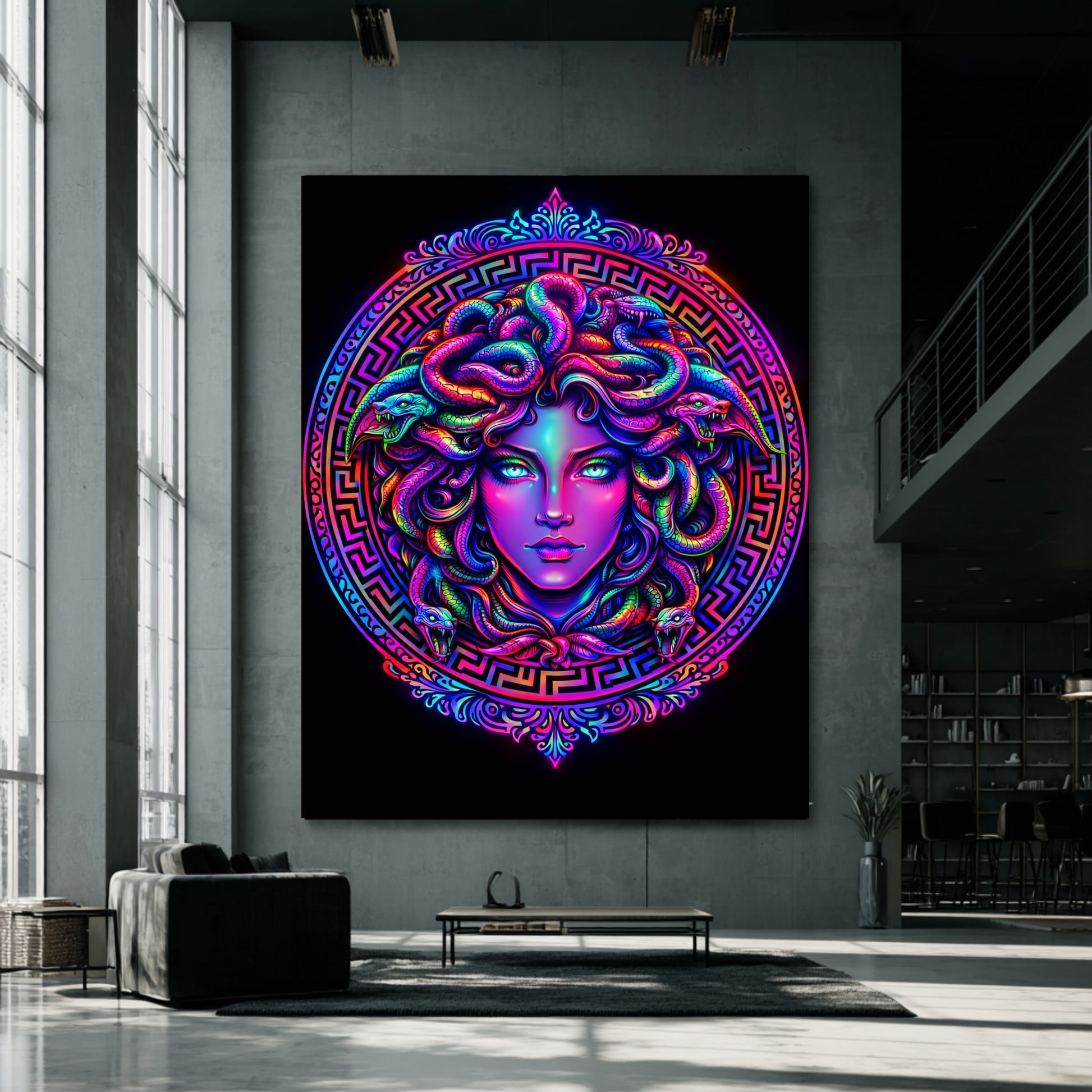 Oversized modern Medusa wall art mounted on tall concrete wall in contemporary industrial interior