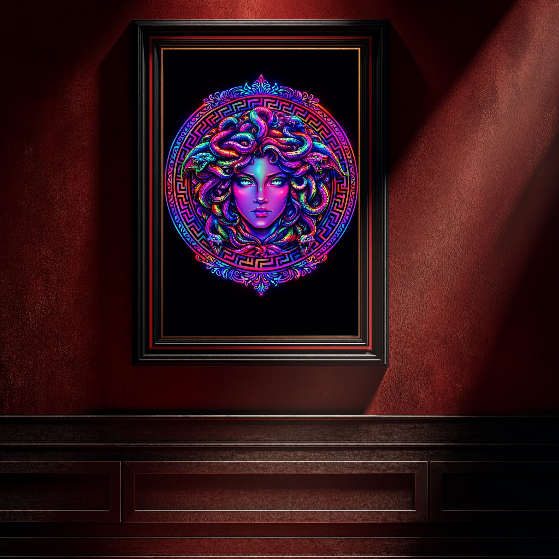 Neon Medusa art print in black frame on dark red wall with angled gallery lighting and shadow detail