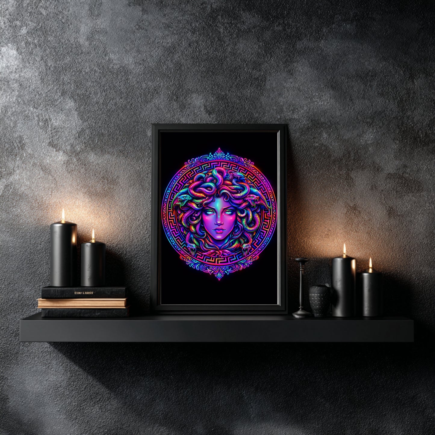 Framed neon Medusa snake portrait on floating black shelf styled with candles and dark textured wall