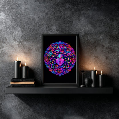Framed neon Medusa snake portrait on floating black shelf styled with candles and dark textured wall
