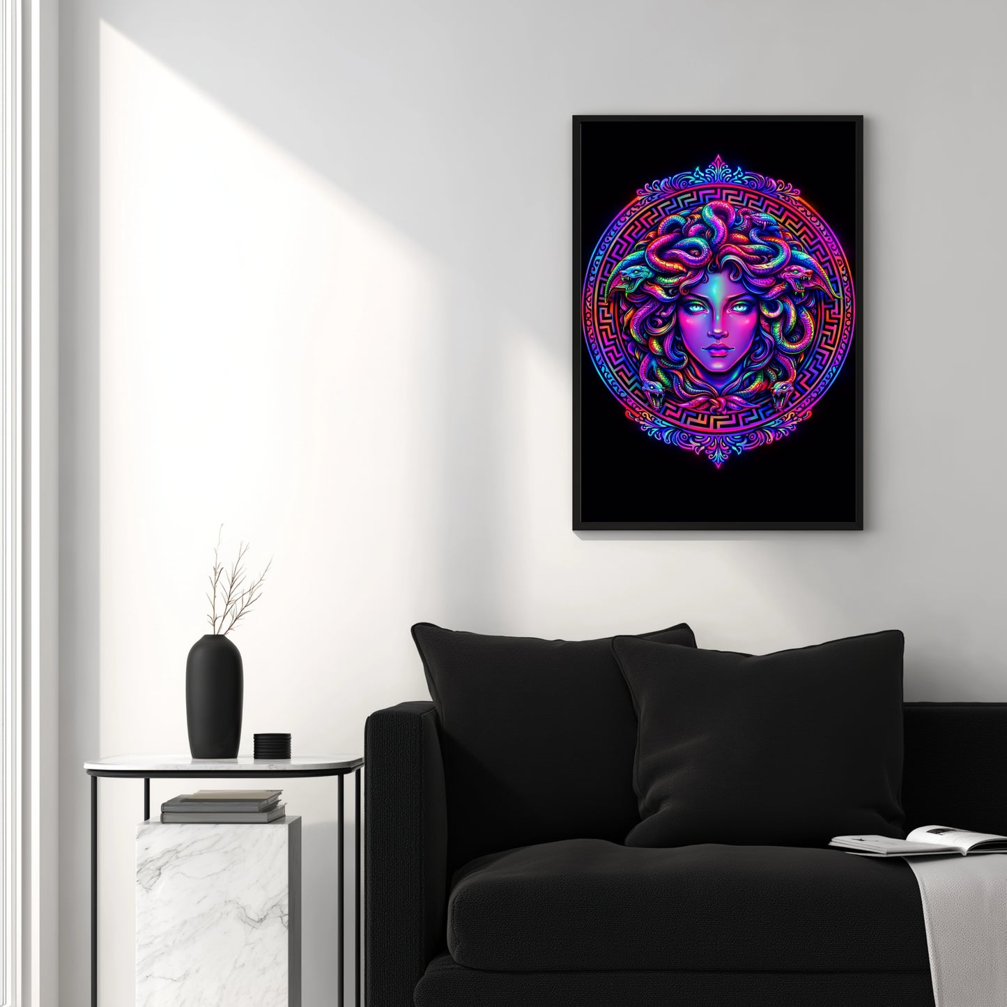 Medusa neon wall art above black sofa in minimalist white living space with marble side table
