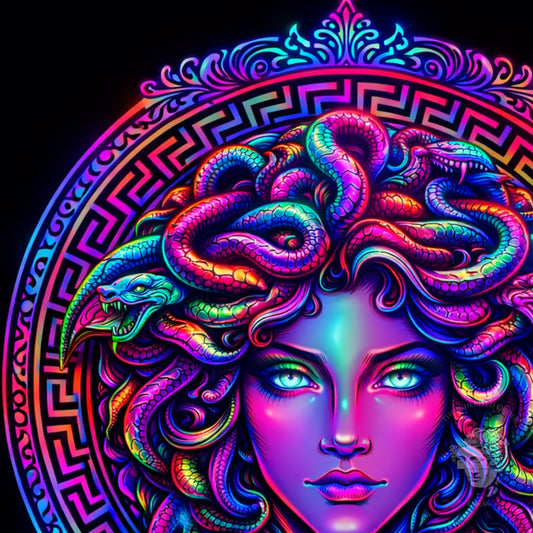 Close-up detail of neon Medusa portrait featuring vibrant multicolor snakes and glowing green eyes