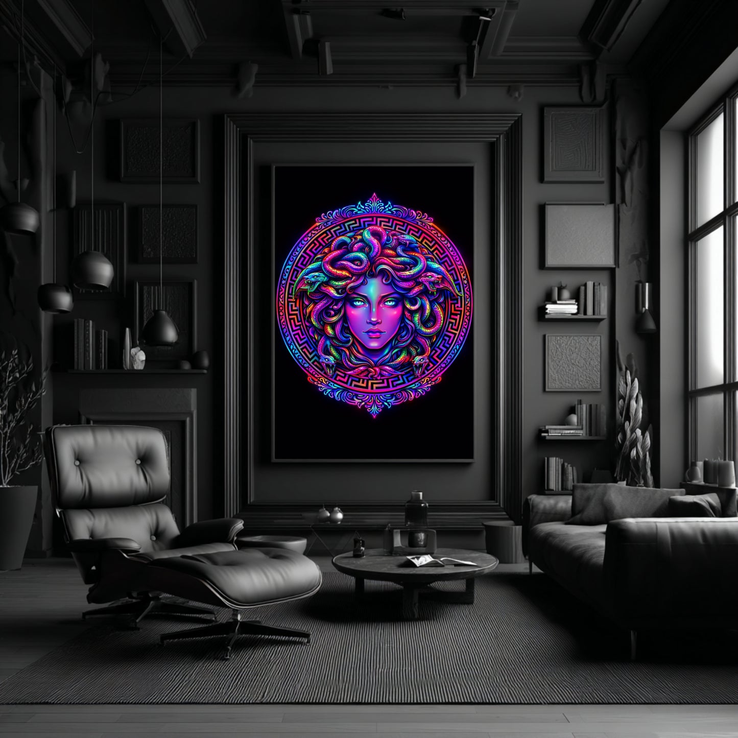 Large modern Medusa wall art centered in luxury black living room with lounge chair and minimalist decor