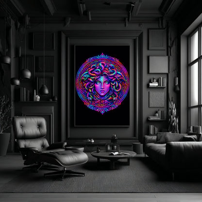 Large modern Medusa wall art centered in luxury black living room with lounge chair and minimalist decor