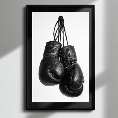 Framed black and white boxing gloves wall art on neutral wall, vertical monochrome sports photography print for gym office or studio decor