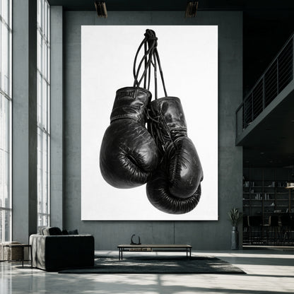 Large black and white boxing gloves wall art in industrial loft living room, minimalist sports photography print for modern masculine wall decor