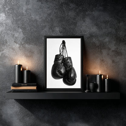 Minimalist black and white boxing gloves wall art styled on modern shelf with black candles, monochrome sports photography print for contemporary wall decor