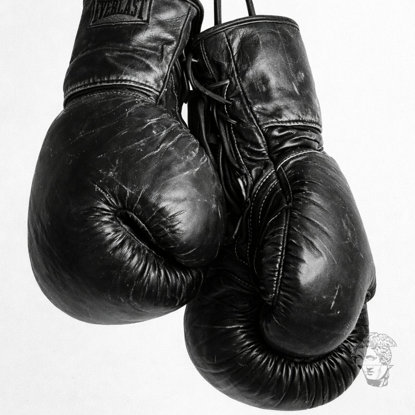 Close-up black and white boxing gloves photography print showing worn leather texture and laces, high contrast minimalist sports wall art detail