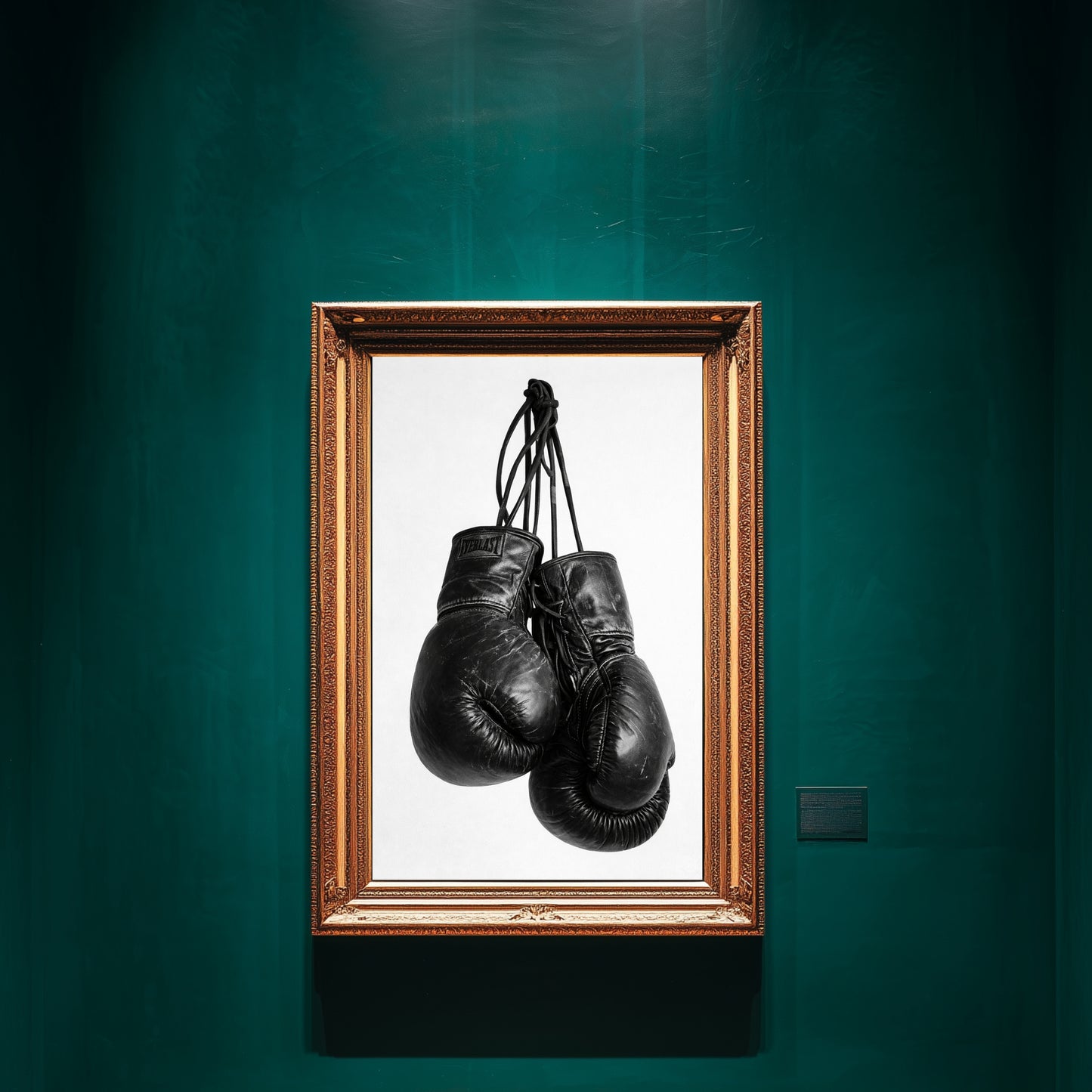 Black and white boxing gloves wall art framed in ornate gold frame on deep green gallery wall, minimalist sports photography print for gym decor and motivational office wall art