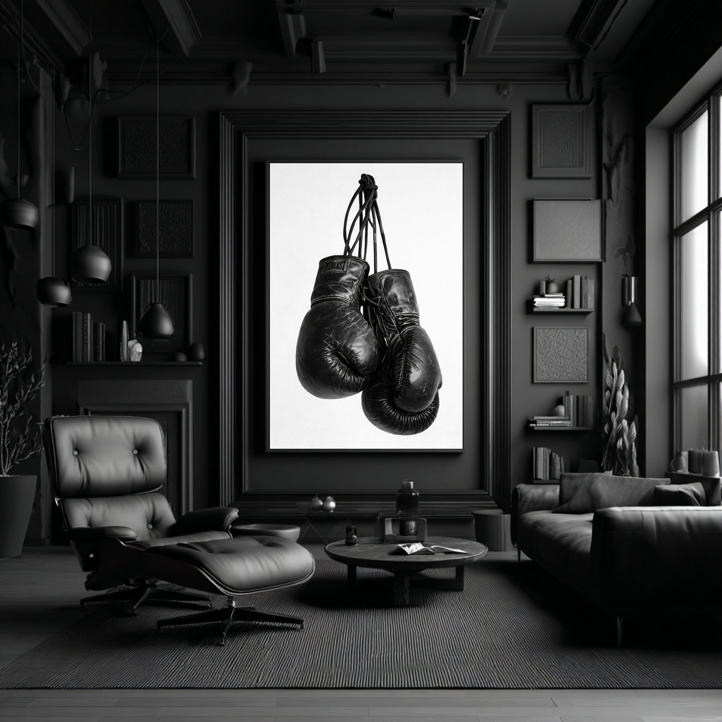 Black and white boxing gloves photography print displayed in luxury modern living room, minimalist sports wall art for home gym, office, or strength-inspired decor