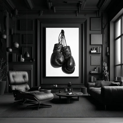 Black and white boxing gloves photography print displayed in luxury modern living room, minimalist sports wall art for home gym, office, or strength-inspired decor