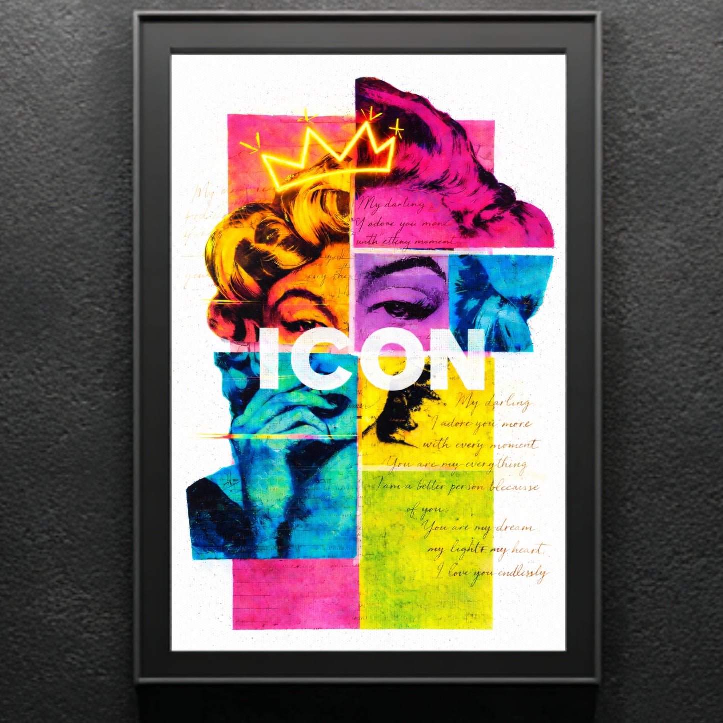 Marilyn Monroe inspired pop art wall decor styled on floating shelf with candles and books, neon crown ICON portrait print