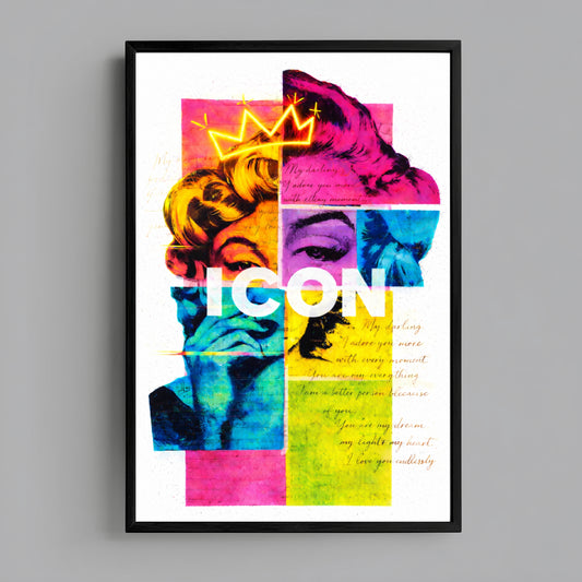 Marilyn Monroe inspired ICON pop art print centered on grey wall product mockup, neon crown color block portrait wall decor