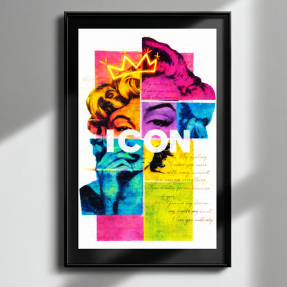 Marilyn Monroe inspired ICON neon crown pop art print framed on clean white wall, modern statement portrait decor