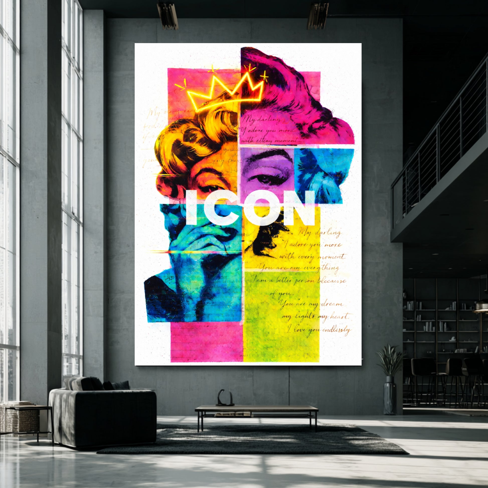Marilyn Monroe inspired ICON neon crown pop art print framed on clean white wall, modern statement portrait decor