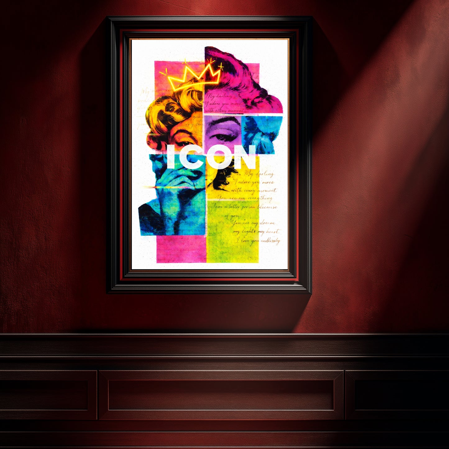 Marilyn Monroe inspired pop art portrait framed on dramatic red wall interior, neon crown ICON statement decor