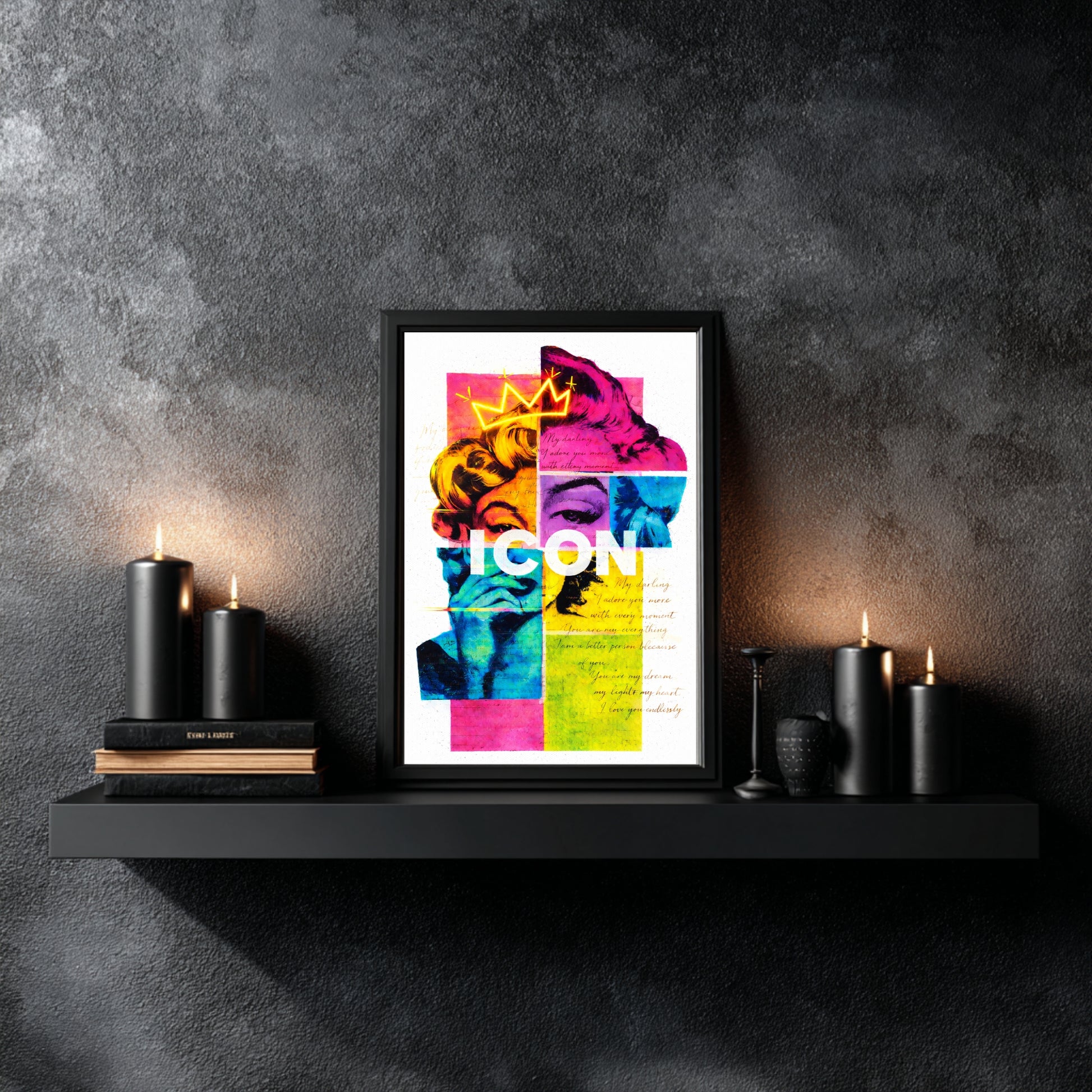 Marilyn Monroe inspired pop art wall decor styled on floating shelf with candles and books, neon crown ICON portrait print