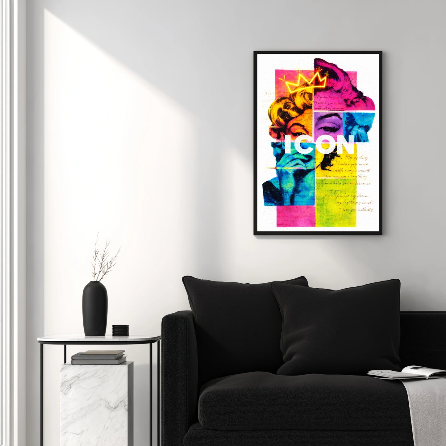 Marilyn Monroe inspired ICON pop art wall art above black sofa in modern white living room, neon crown statement decor
