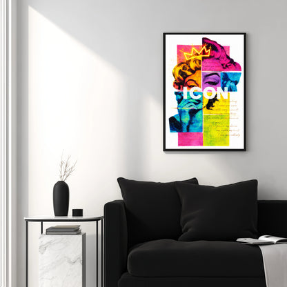 Marilyn Monroe inspired ICON pop art wall art above black sofa in modern white living room, neon crown statement decor