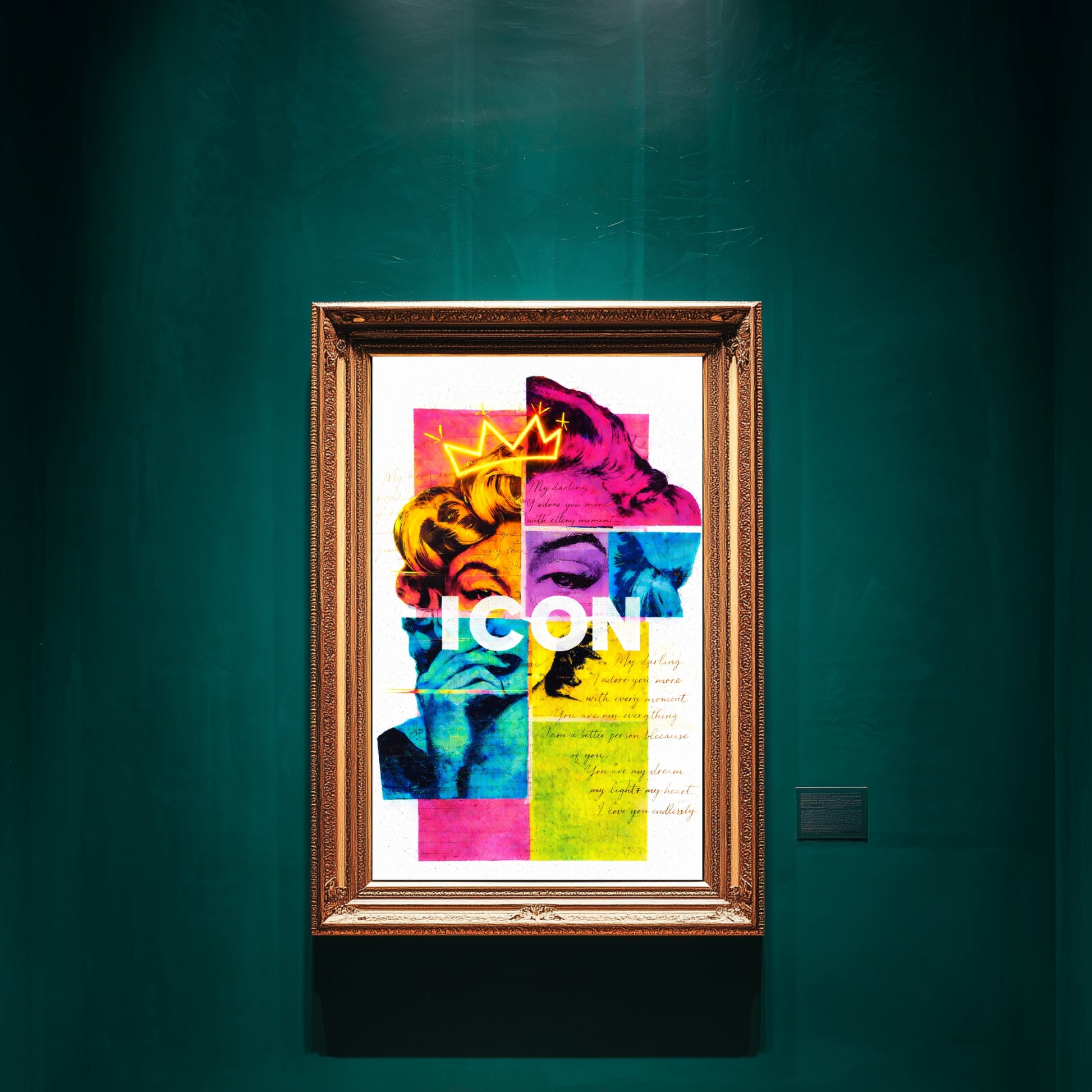 Marilyn Monroe inspired pop art wall art displayed on emerald green luxury gallery wall, ICON neon crown statement portrait print decor