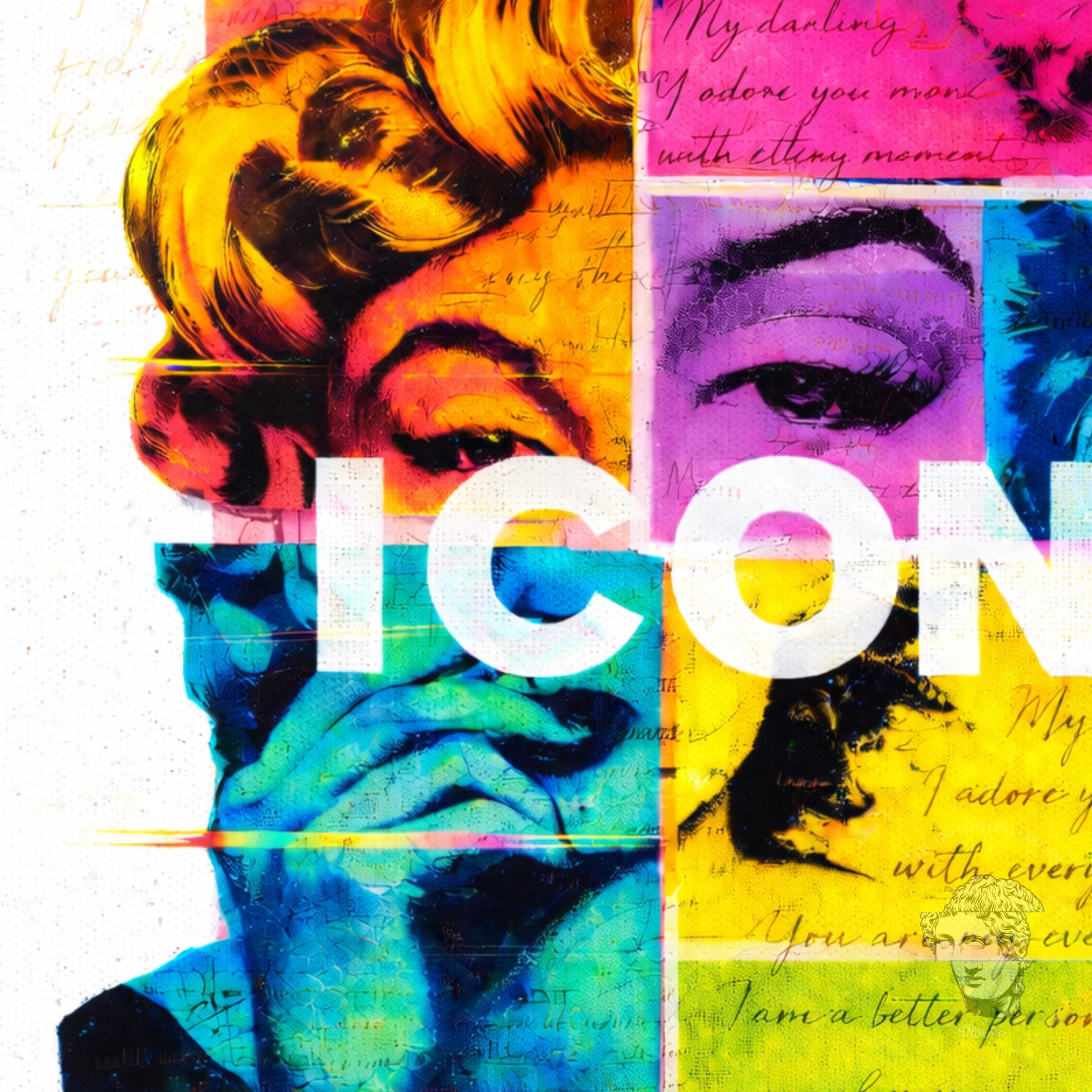 Close-up detail of Marilyn Monroe inspired pop art portrait, neon crown color block ICON graphic artwork print