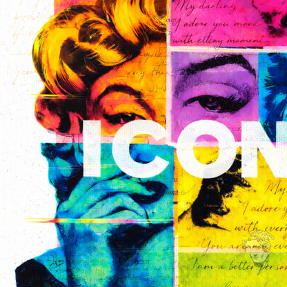 Close-up detail of Marilyn Monroe inspired pop art portrait, neon crown color block ICON graphic artwork print