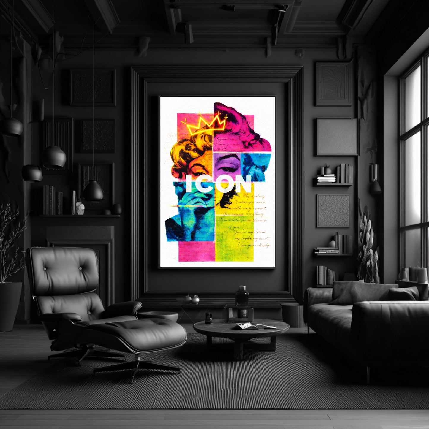 Marilyn Monroe inspired ICON pop art wall decor displayed in moody all black luxury interior, neon crown statement artwork