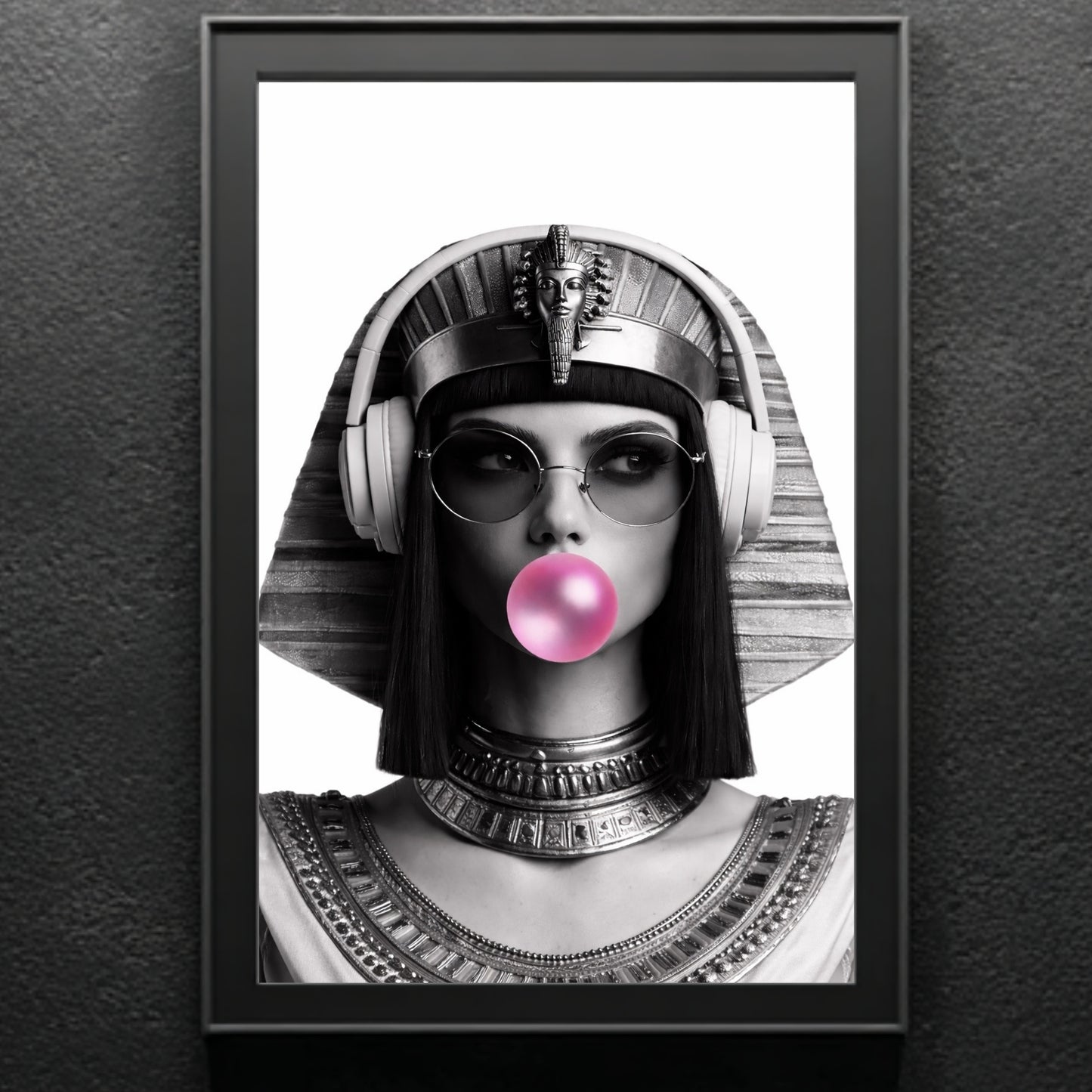 Modern Egyptian queen monochrome portrait wall decor on dark textured wall, surreal pop culture statement artwork
