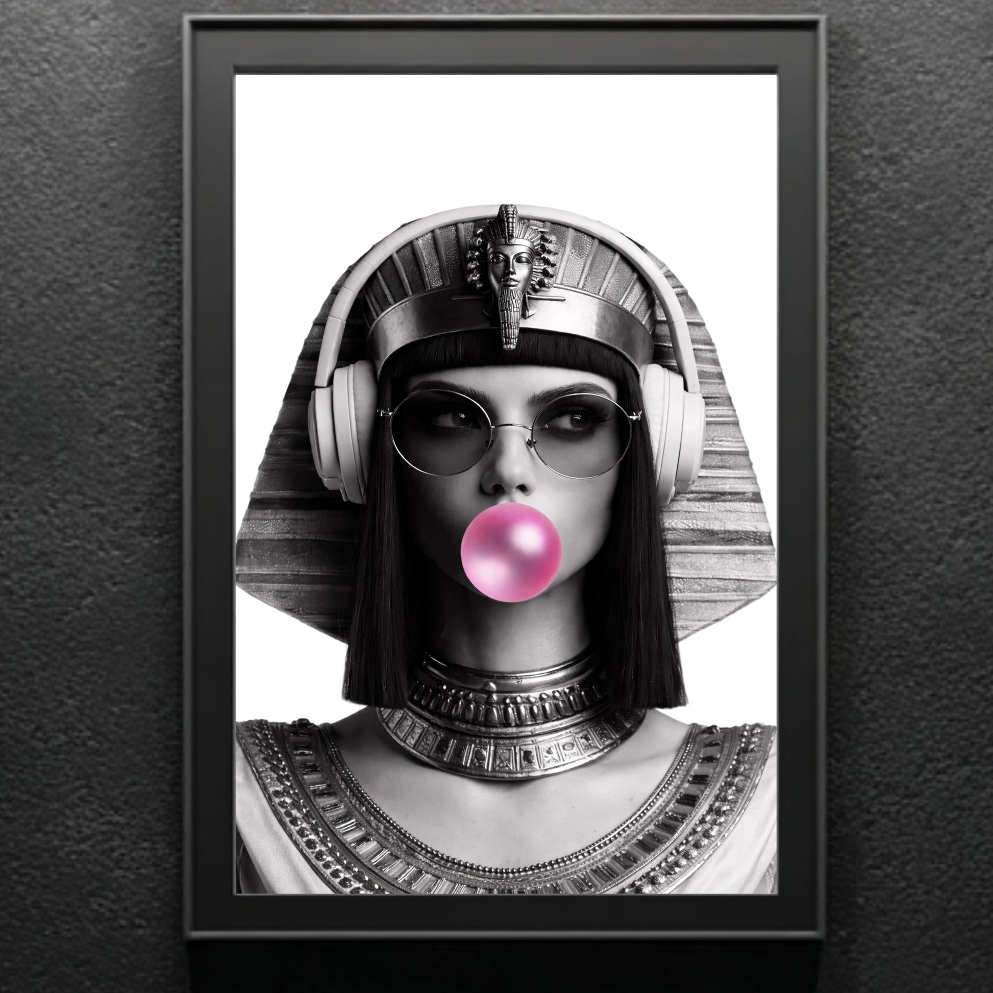 Modern Egyptian queen monochrome portrait wall decor on dark textured wall, surreal pop culture statement artwork