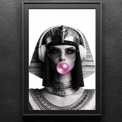 Modern Egyptian queen monochrome portrait wall decor on dark textured wall, surreal pop culture statement artwork