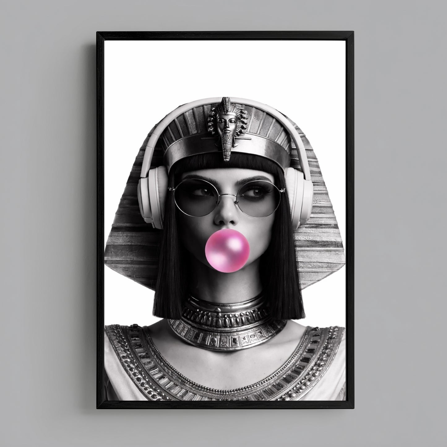 Modern Egyptian queen wall art print centered on grey wall product mockup, monochrome pop culture statement portrait decor