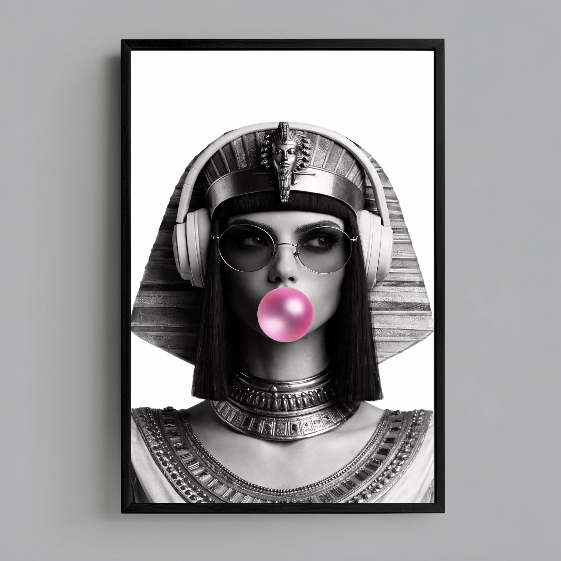 Modern Egyptian queen wall art print centered on grey wall product mockup, monochrome pop culture statement portrait decor
