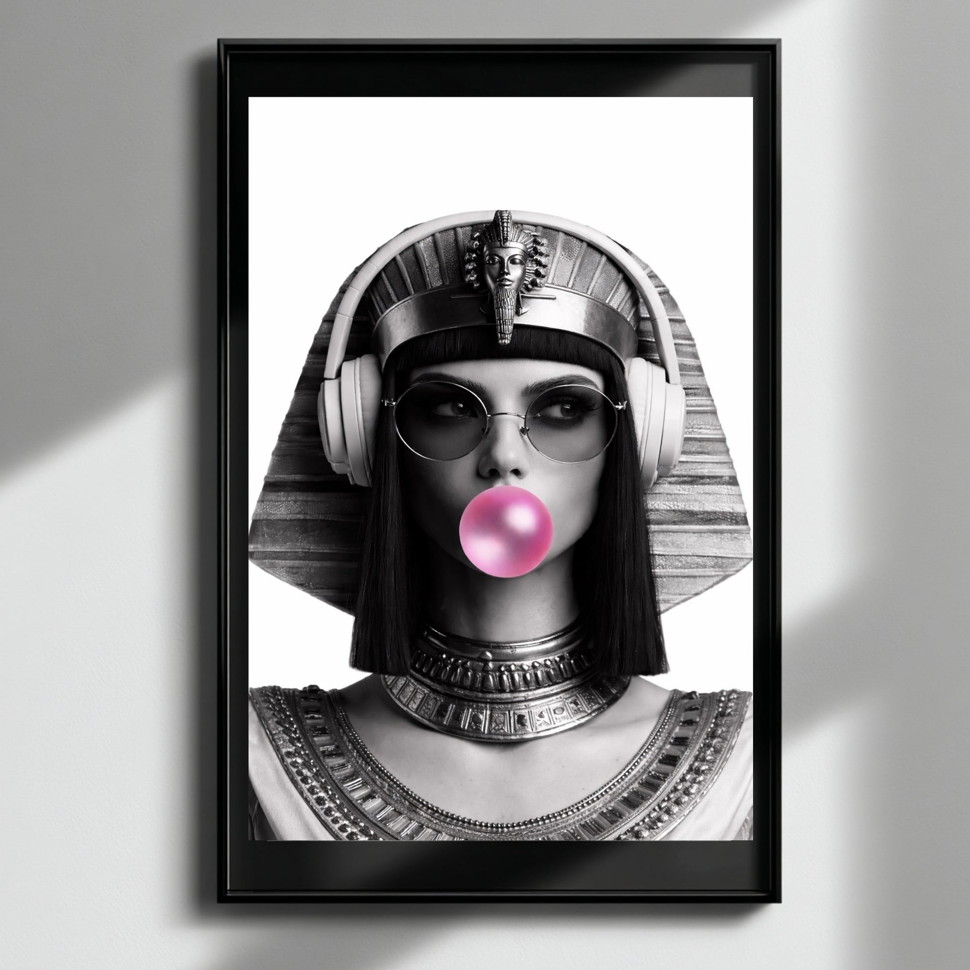 Modern Egyptian queen monochrome portrait wall art framed on clean white wall, contemporary pop culture statement decor