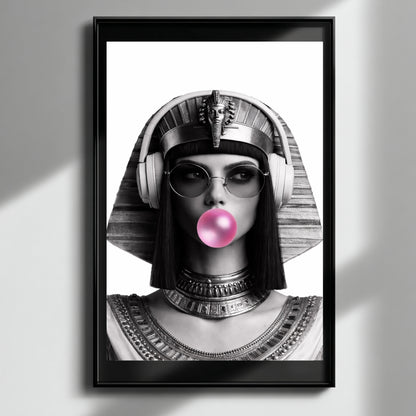 Modern Egyptian queen monochrome portrait wall art framed on clean white wall, contemporary pop culture statement decor