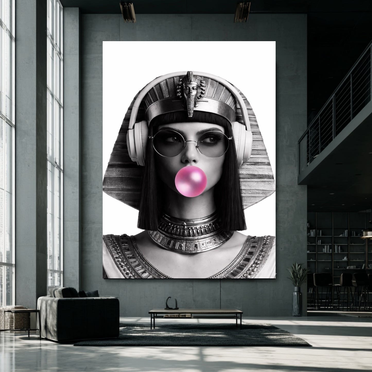 Large modern Egyptian queen wall art on oversized concrete loft wall, monochrome pop culture female portrait statement decor
