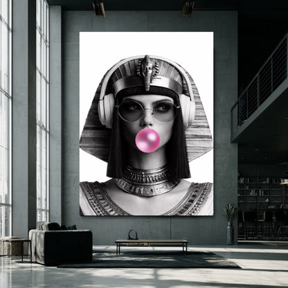 Large modern Egyptian queen wall art on oversized concrete loft wall, monochrome pop culture female portrait statement decor