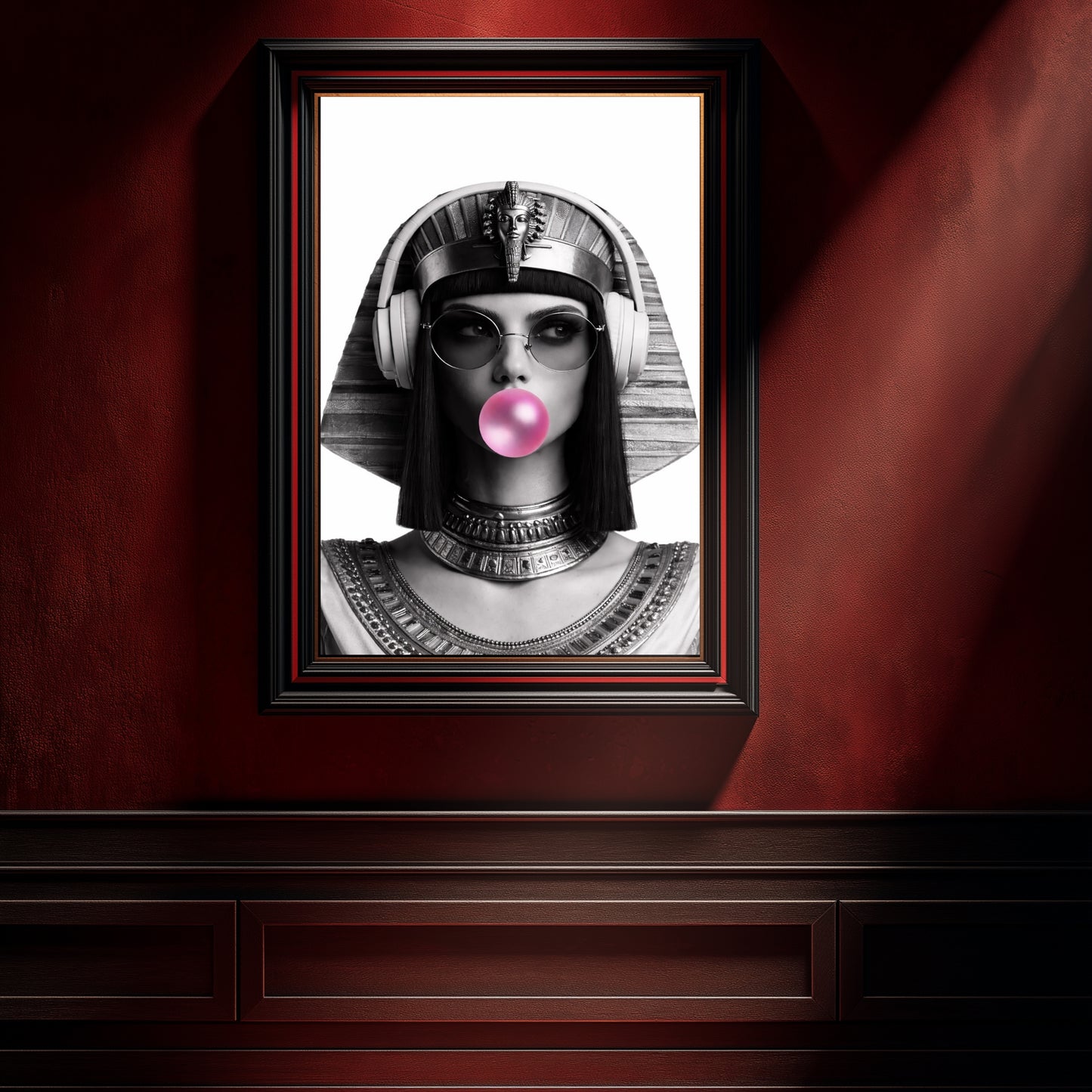 Modern Egyptian queen monochrome portrait wall art framed on dramatic red wall interior, surreal pop culture statement decor
