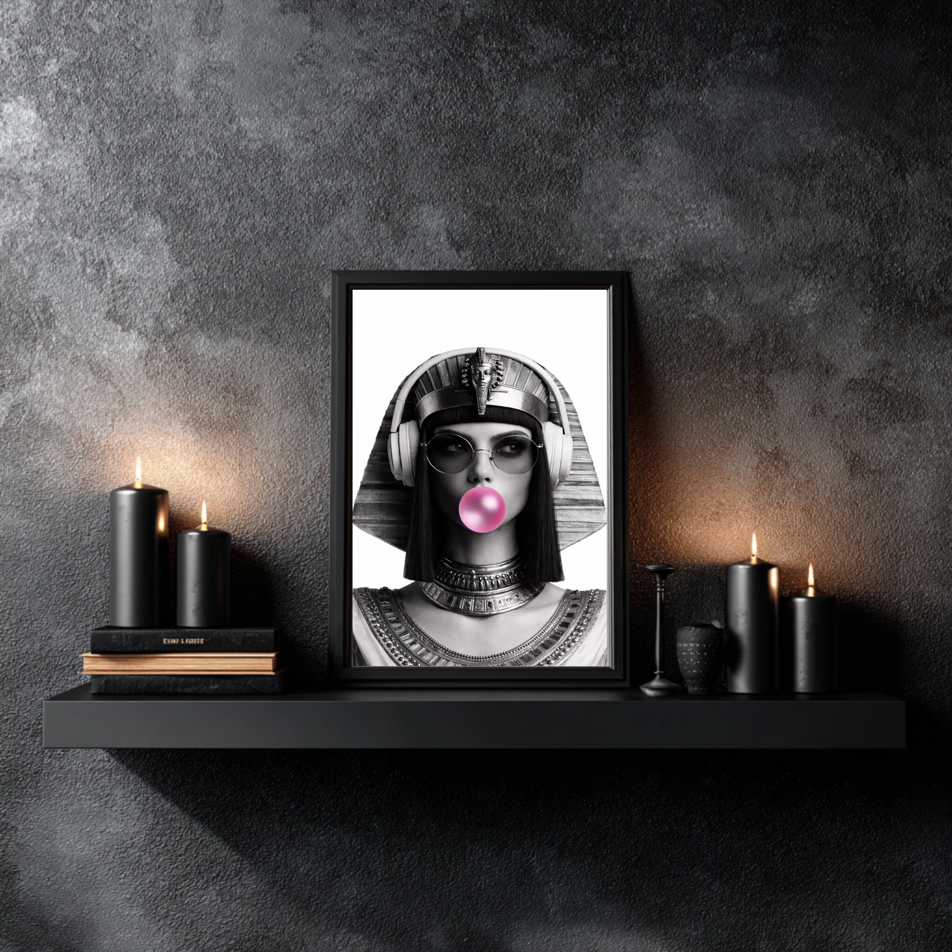 Modern Egyptian queen pop culture wall decor styled on floating shelf with candles and books, monochrome female portrait print