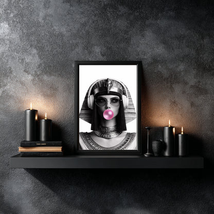 Modern Egyptian queen pop culture wall decor styled on floating shelf with candles and books, monochrome female portrait print
