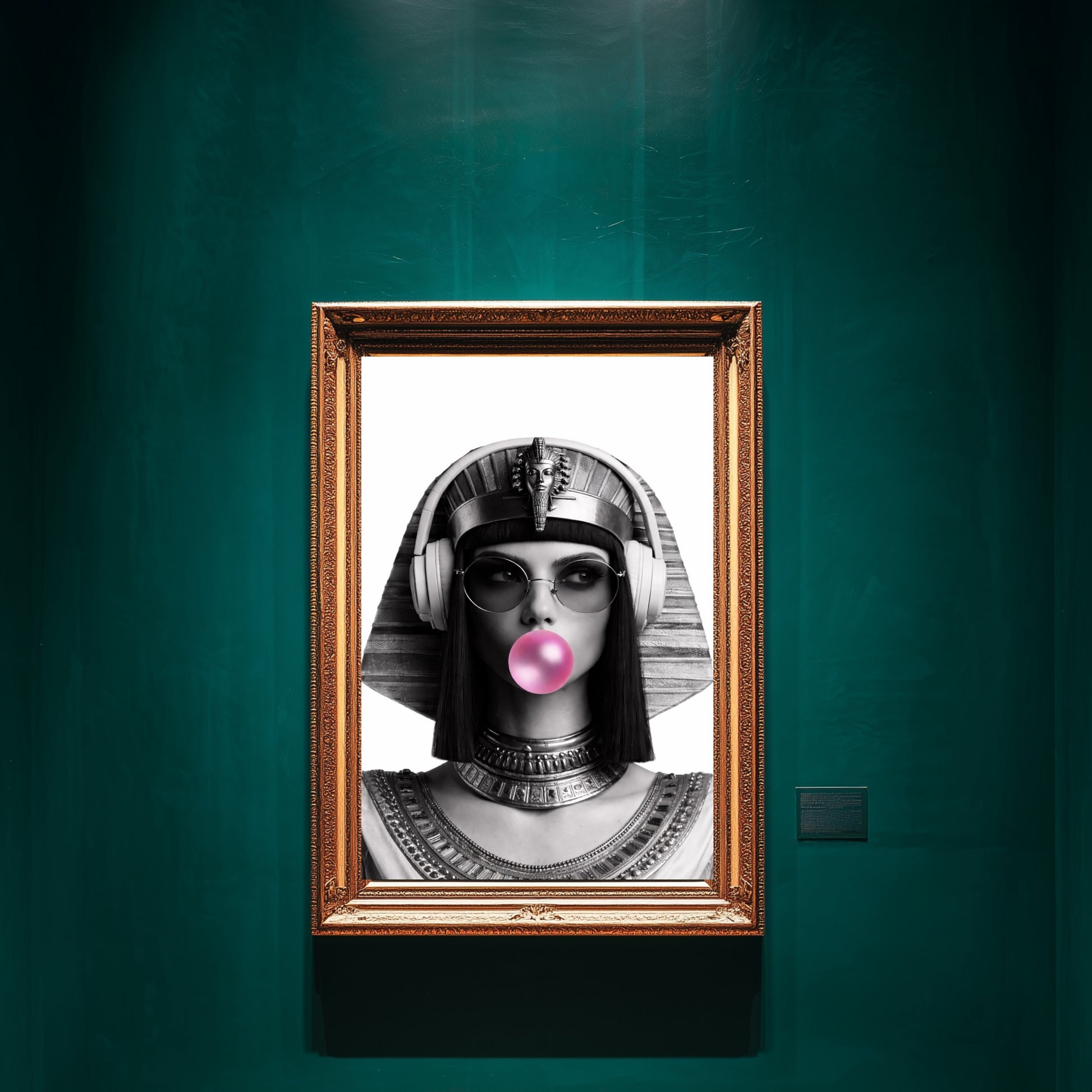 Modern Egyptian queen wall art displayed on emerald green luxury gallery wall, monochrome pop culture female portrait print decor