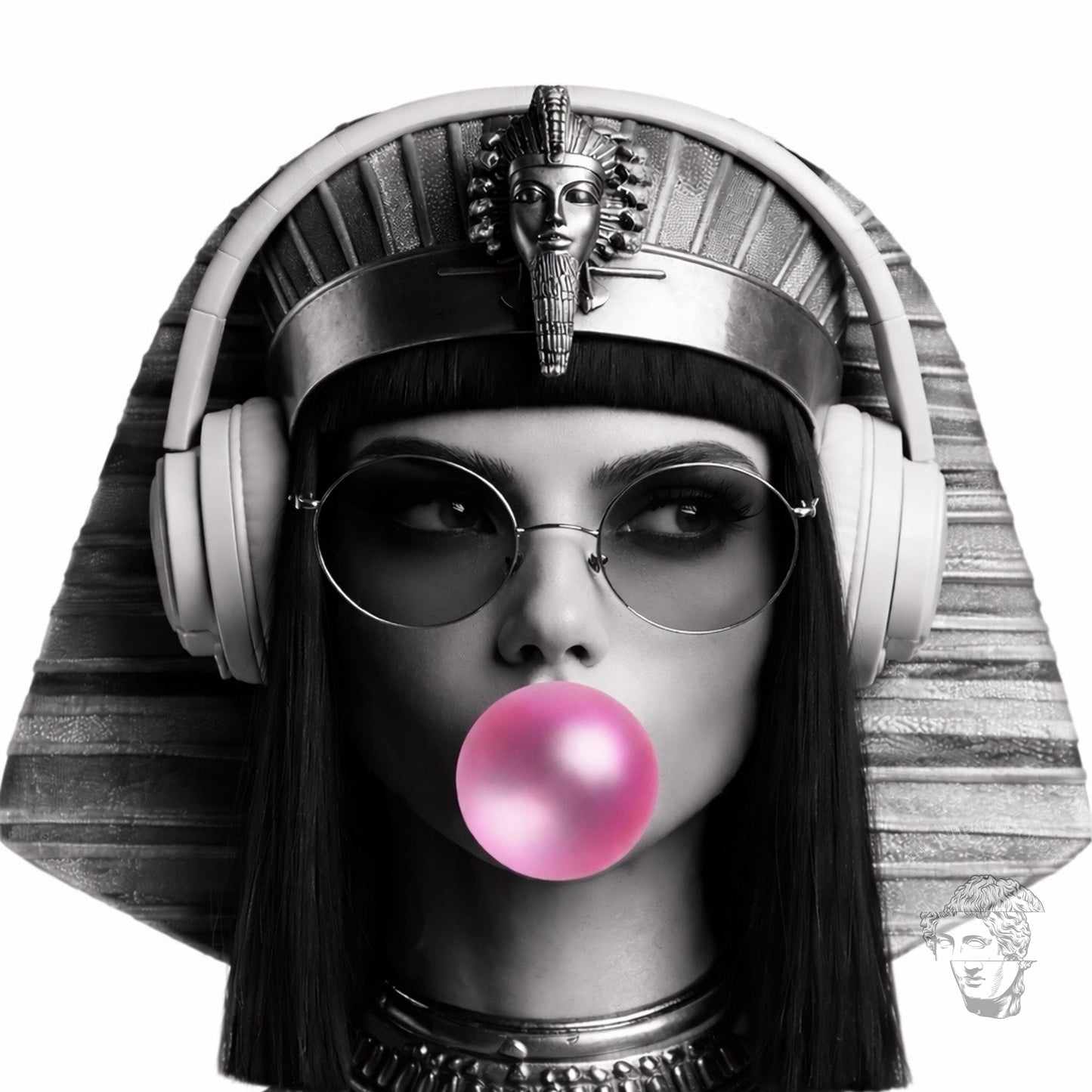 Close-up detail of modern Egyptian queen monochrome portrait wall art, headphones bubble gum pop culture artwork print