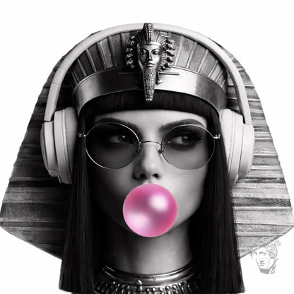 Close-up detail of modern Egyptian queen monochrome portrait wall art, headphones bubble gum pop culture artwork print